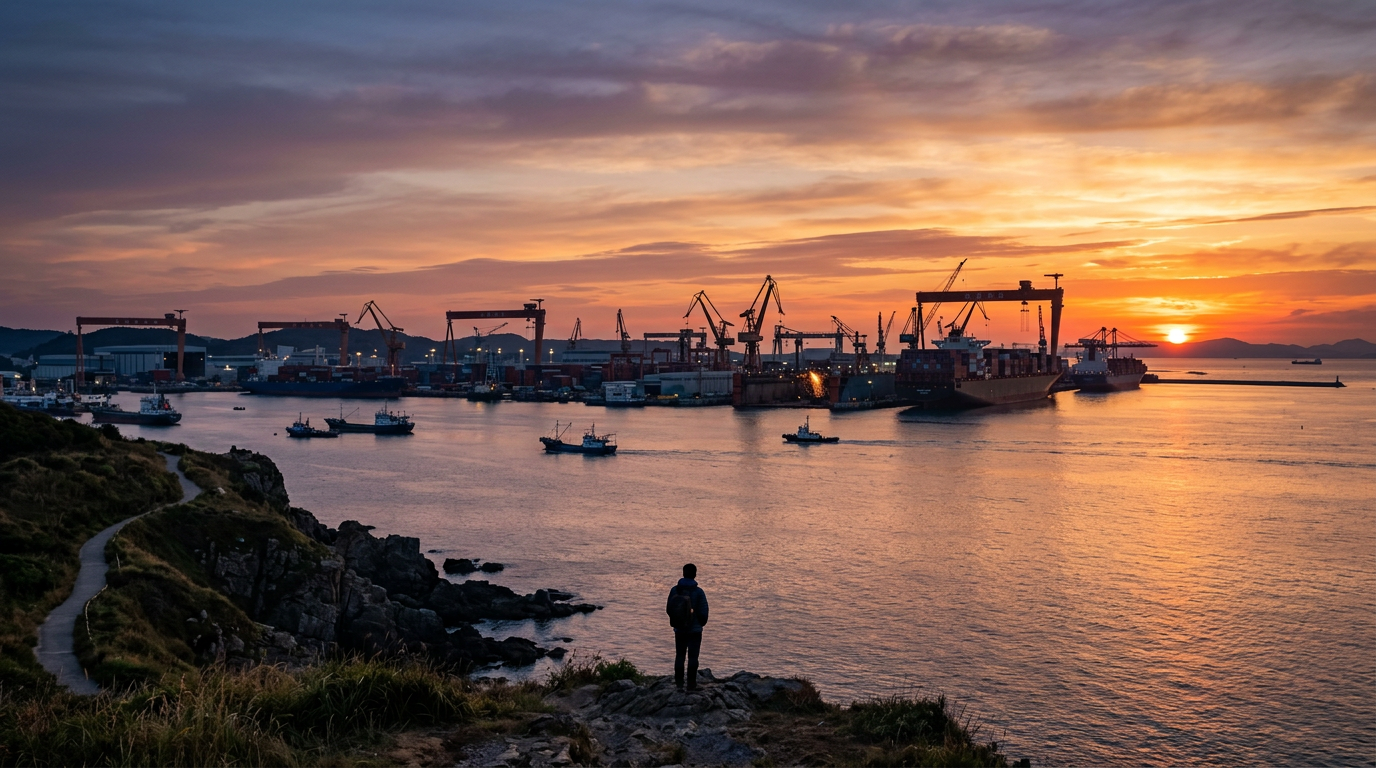 Silhouette of a person standing on rocky shore overlooking a harbor with cargo ships and cranes at sunset
